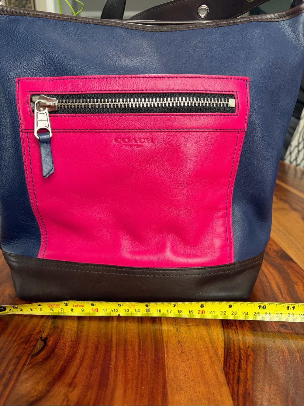 Coach womens Colorblock Leather Tote - Navy, Hot Pink & dark brown